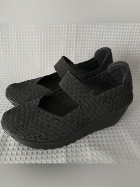 WHIT Black Woven Mary Jane Wedge Mules